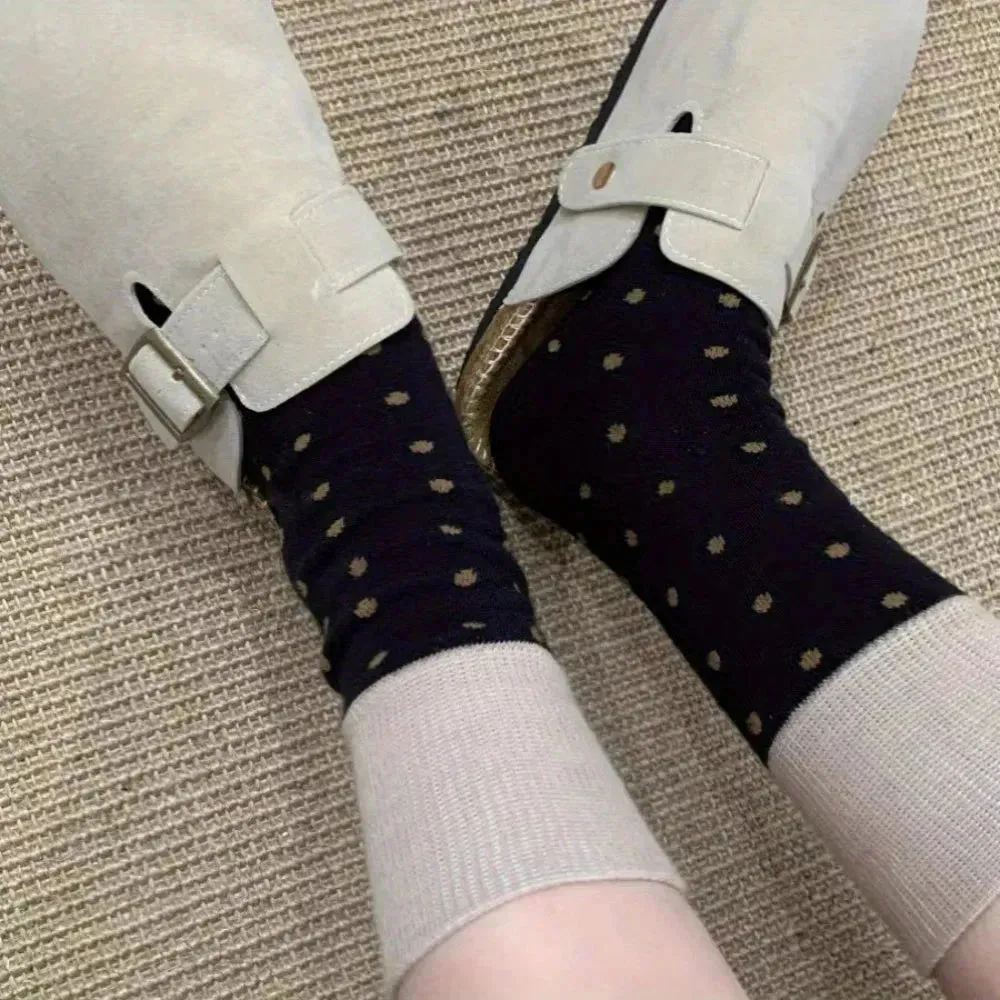 4 Pairs All-Season Knit Fabric Polyester Socks - Polka Dot, Elegant Mid-Length, Hand Wash Only