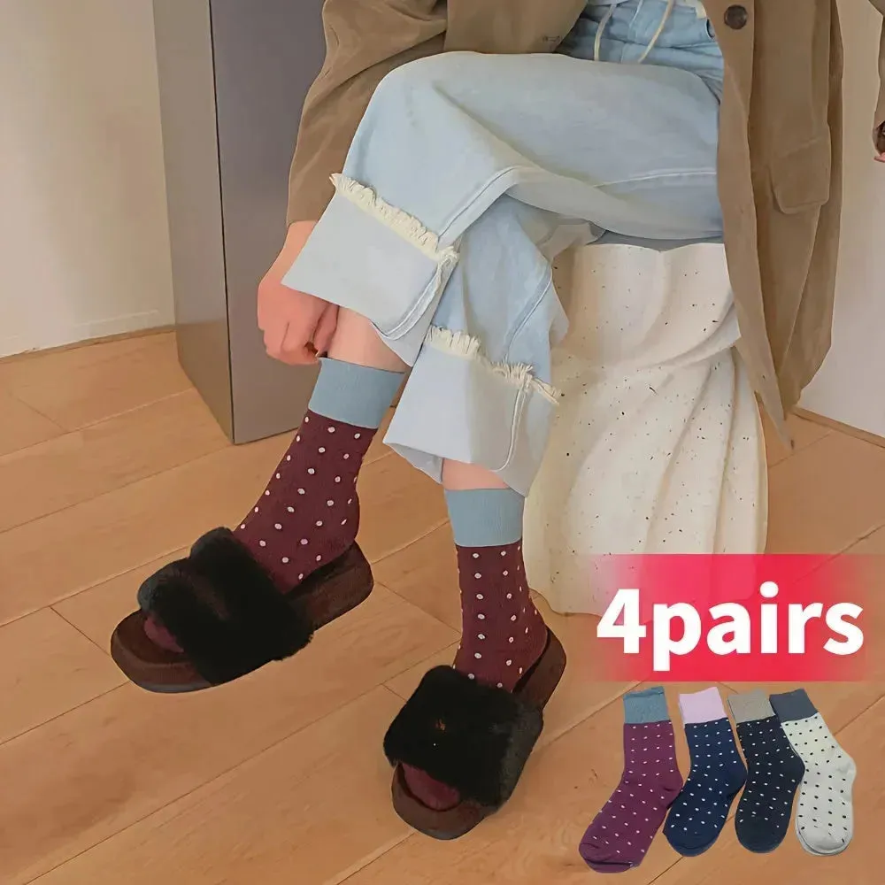 4 Pairs All-Season Knit Fabric Polyester Socks - Polka Dot, Elegant Mid-Length, Hand Wash Only