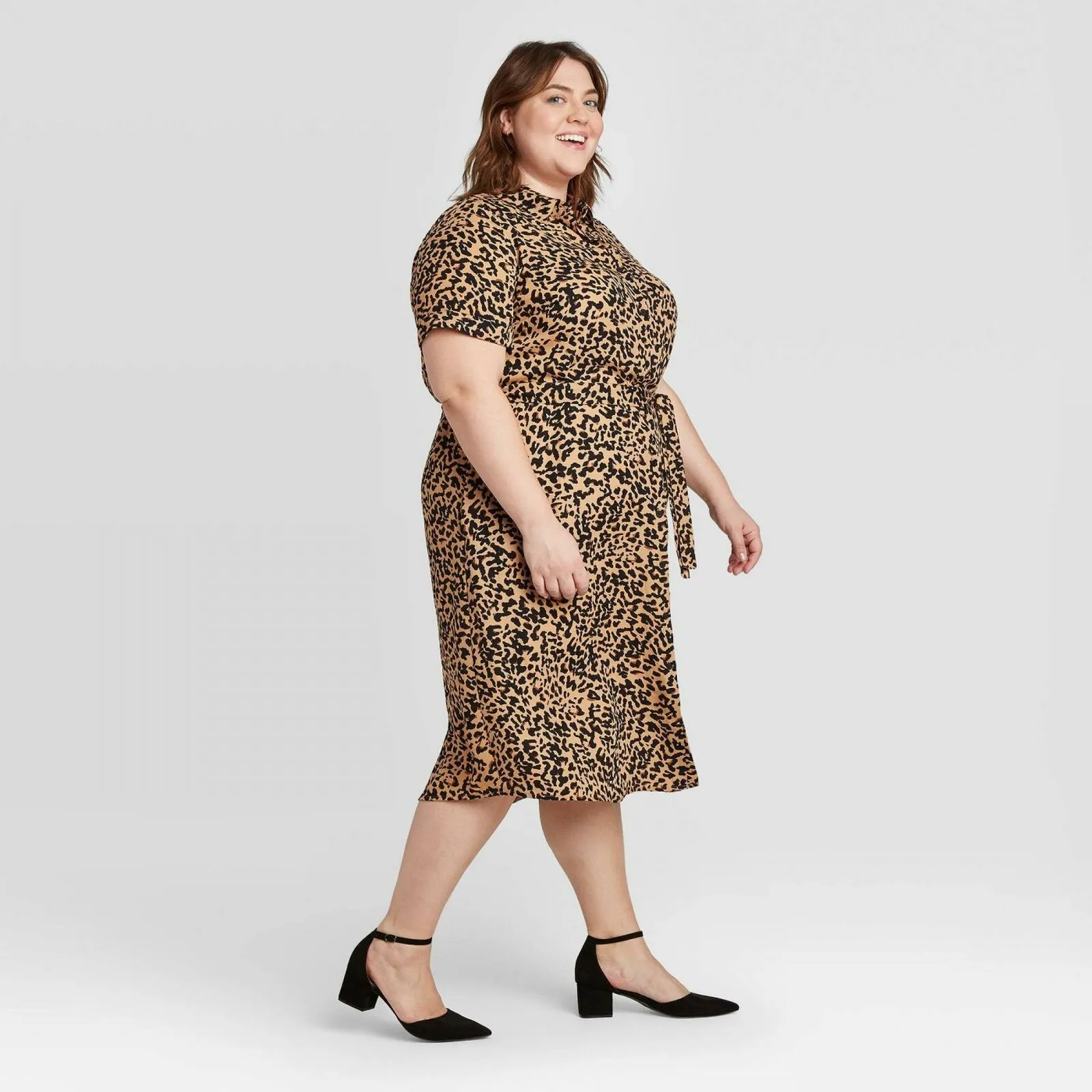 Ava & Viv Women's Plus Size Animal Print Short Sleeve Collared Shirt Dress
