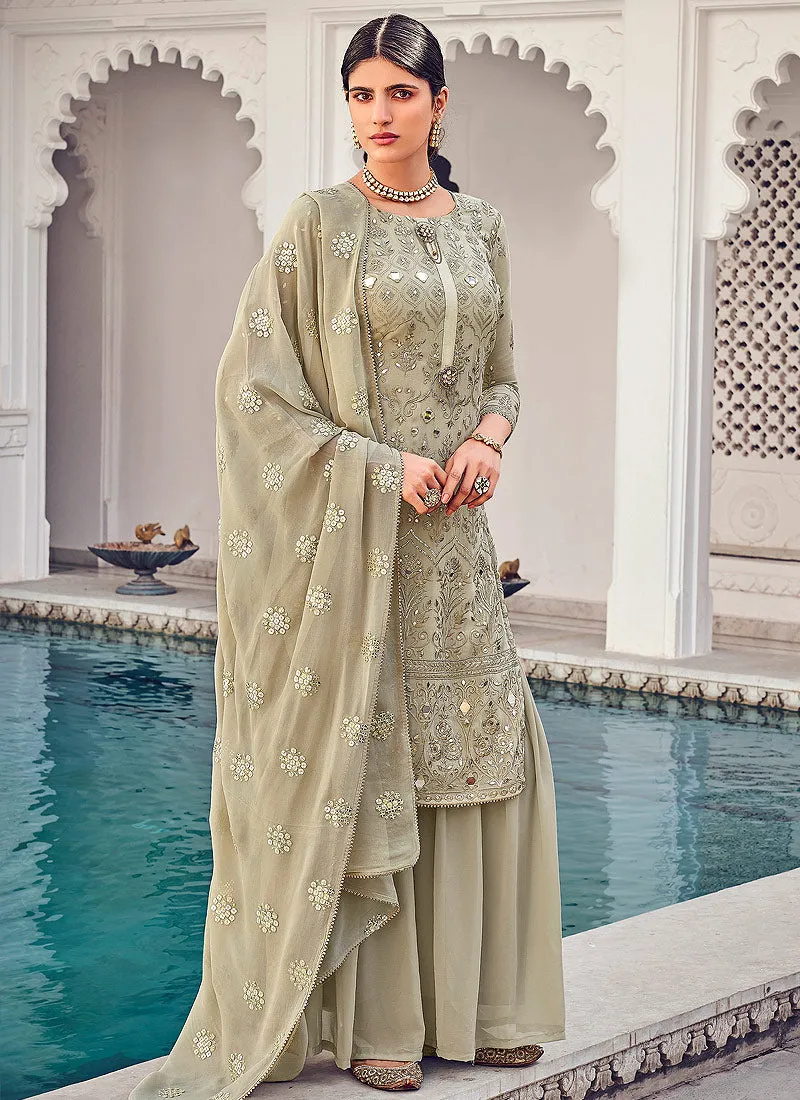 Beige Golden Multi Embroidered Indian Gharara Suit