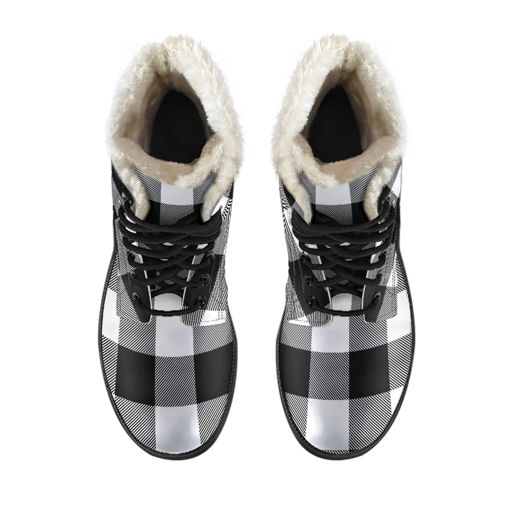 Black and White Buffalo Plaid Faux Fur Lined Vegan Leather Boots