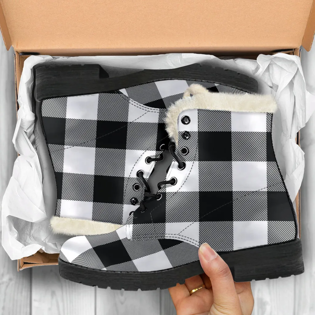 Black and White Buffalo Plaid Faux Fur Lined Vegan Leather Boots
