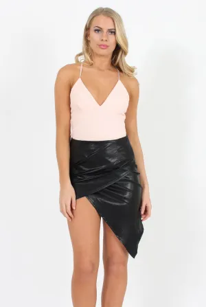 Black Faux Leather Asymmetric Skirt - Elana