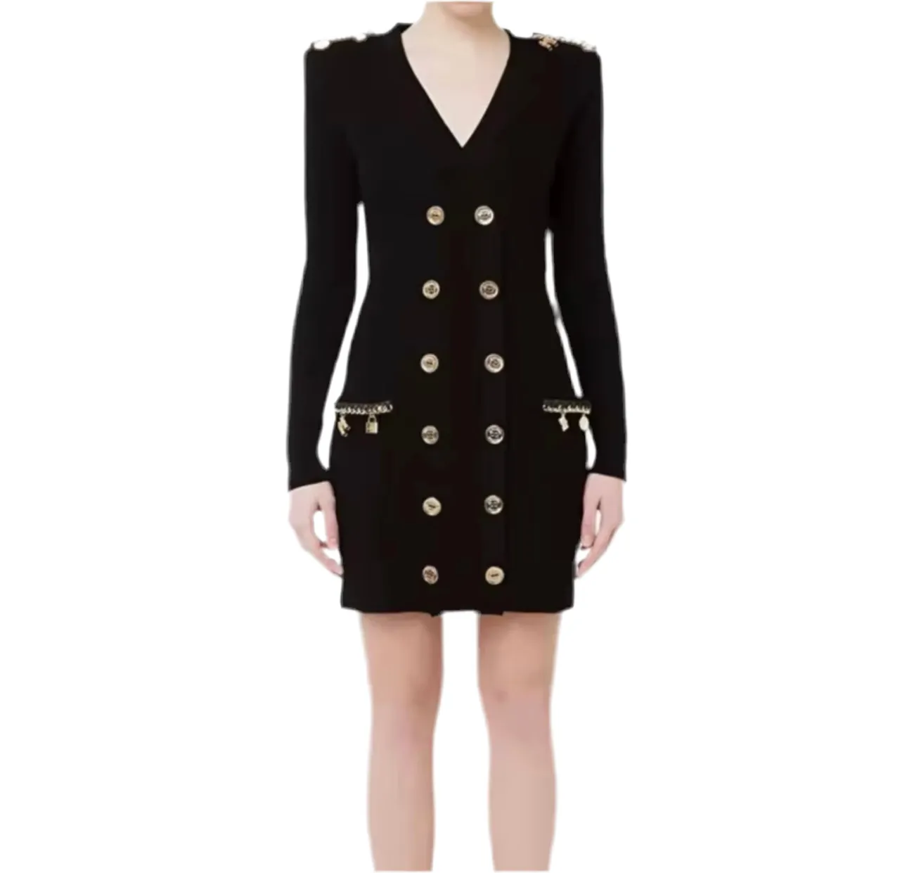 Black Gold Buttons Knit Dress
