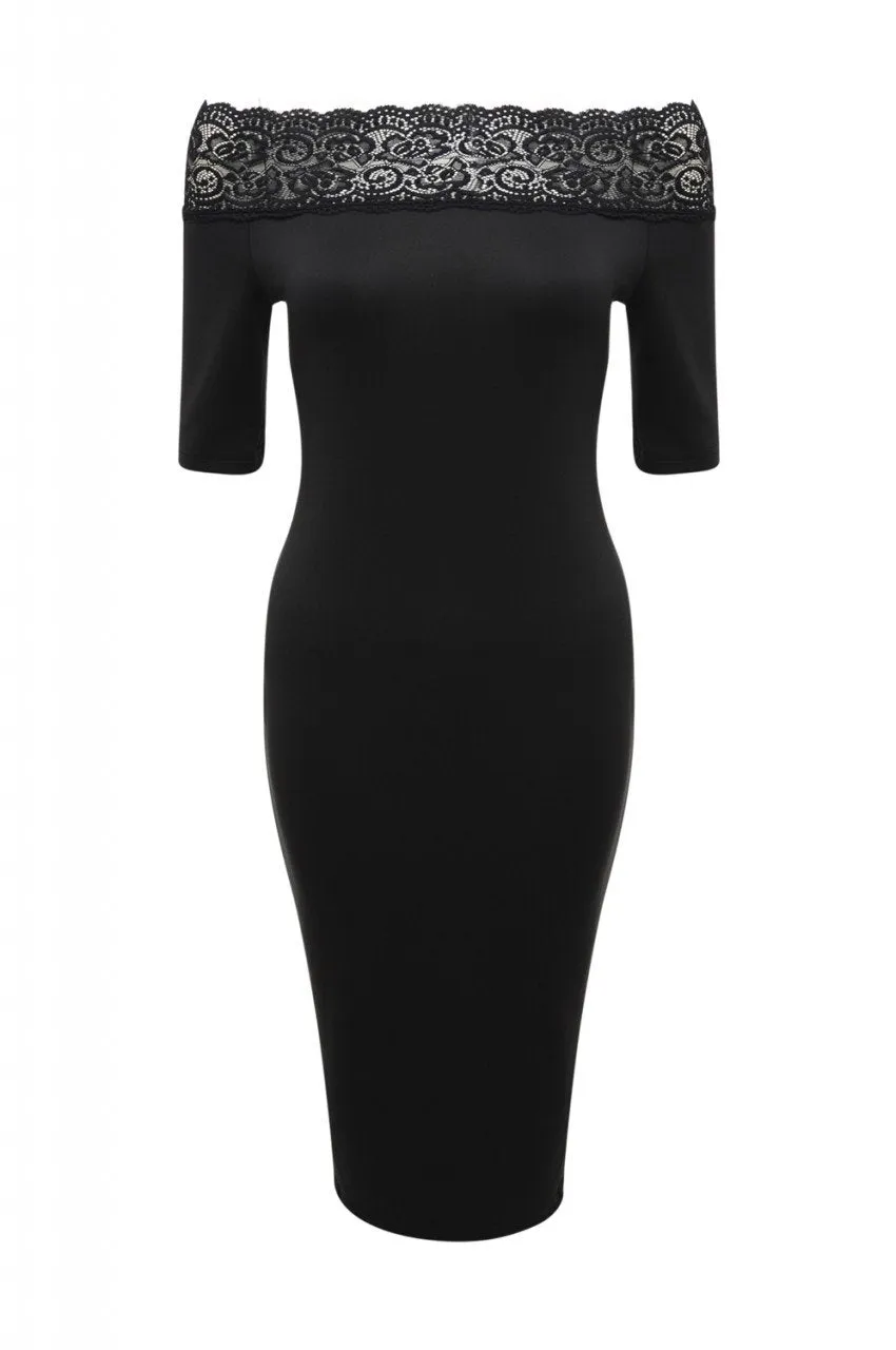 Black Midi Dress with Lace Trim