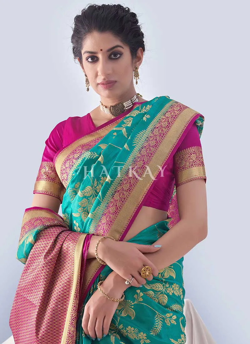 Blue And Pink Paithani Silk Saree