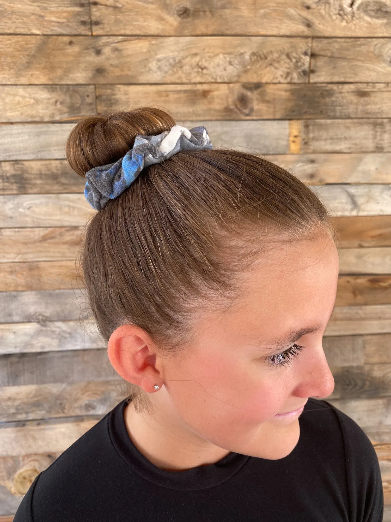 Blue Floral on Soft Black Scrunchie