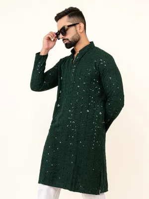 Bottle Green Designer Cotton Embroidered kurta for Men