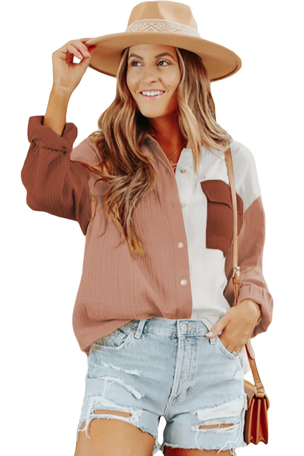 Brown Color Block Textured Long Sleeve Shirt with Pocket