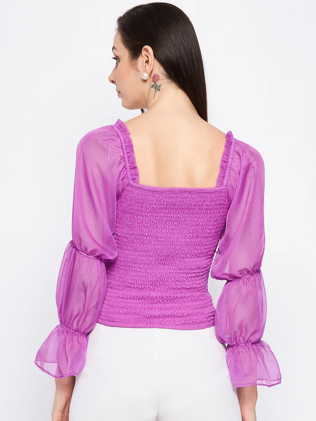 Camla Barcelona Mauve Mutton Sleeve Smocked Top