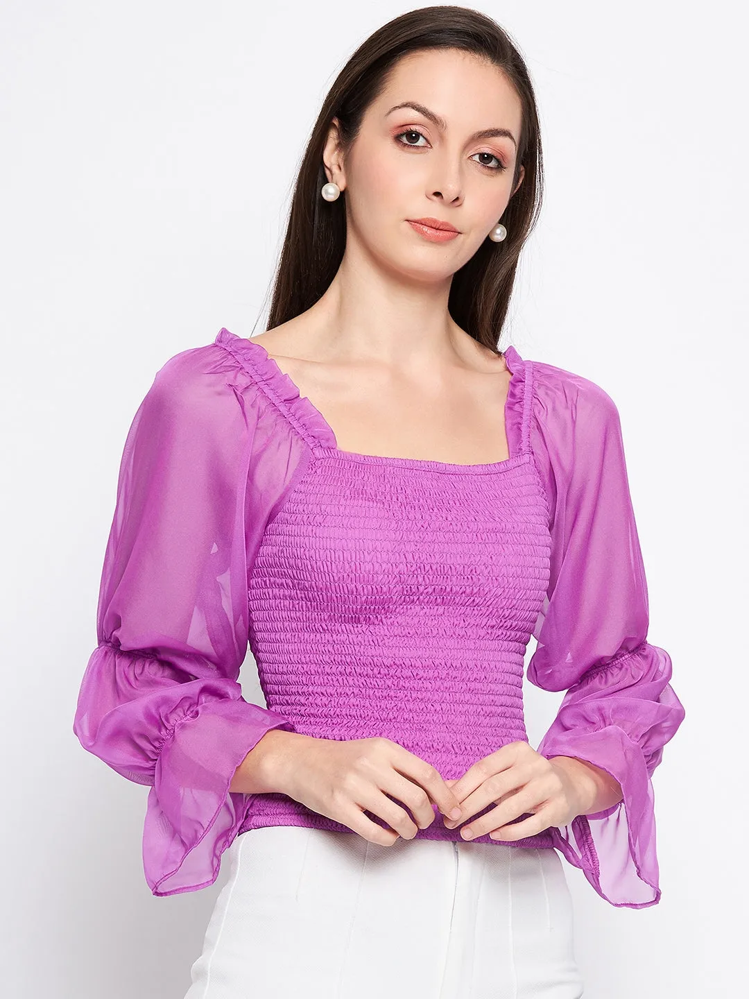 Camla Barcelona Mauve Mutton Sleeve Smocked Top
