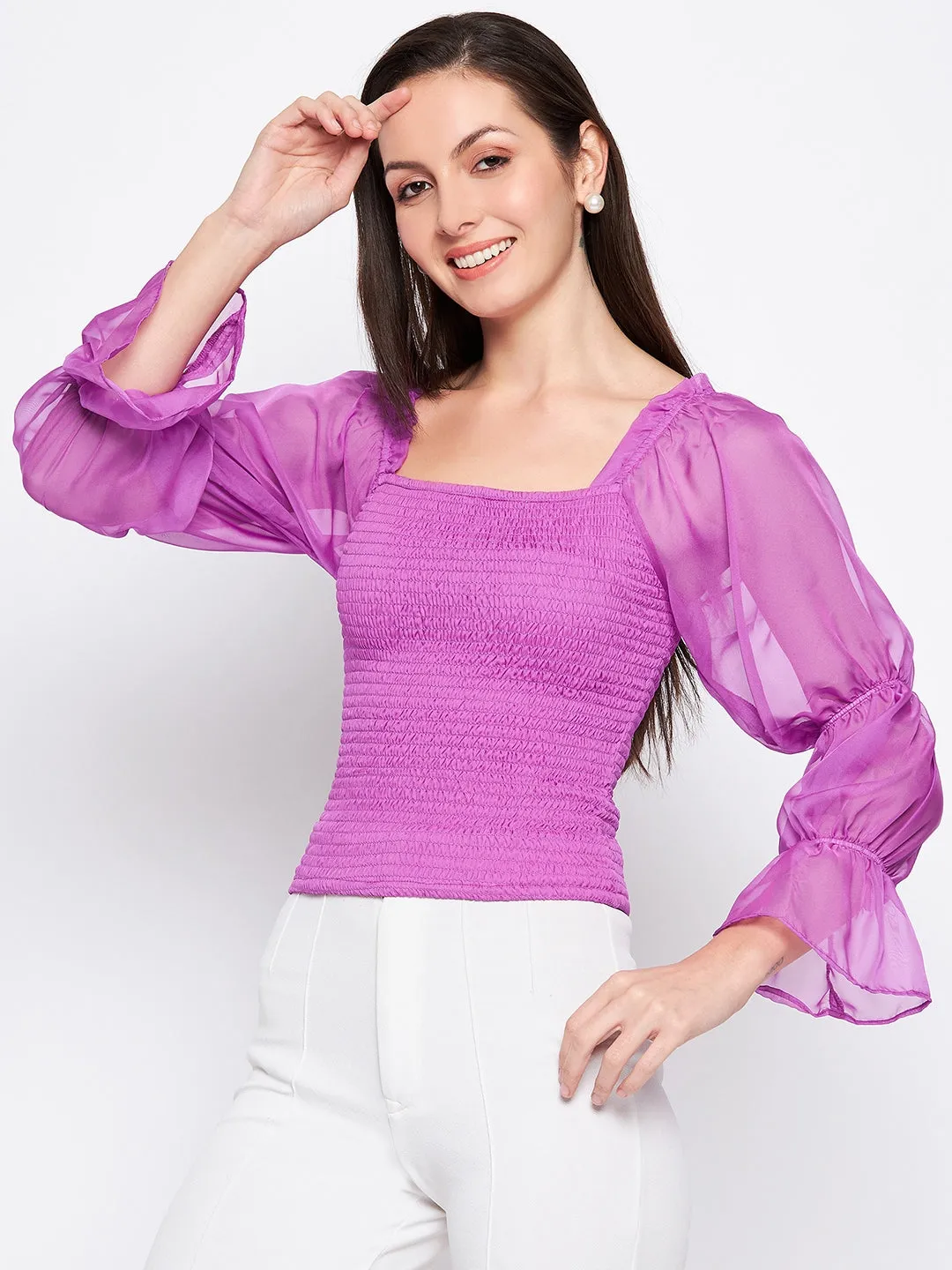 Camla Barcelona Mauve Mutton Sleeve Smocked Top