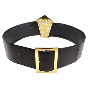 Chanel 1980s Black Leather 24k Gold-Plated Filigree Belt