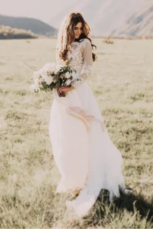 Chic A Line Scoop Floor Length Long Sleeve Floor-length Chiffon Bridal Gown Wedding Dresses OHD134