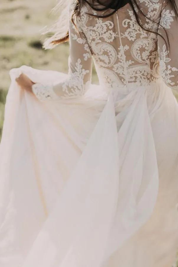 Chic A Line Scoop Floor Length Long Sleeve Floor-length Chiffon Bridal Gown Wedding Dresses OHD134