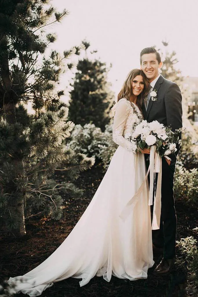 Chic A Line Scoop Floor Length Long Sleeve Floor-length Chiffon Bridal Gown Wedding Dresses OHD134