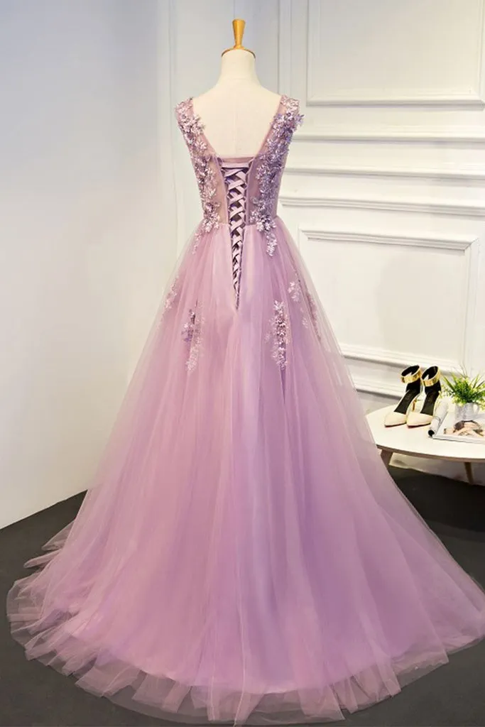Chic A-line Scoop Neck Sweep Train Prom Dresses/Evening Dress with Appliques OHC185