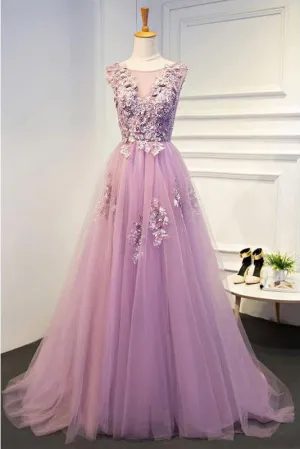 Chic A-line Scoop Neck Sweep Train Prom Dresses/Evening Dress with Appliques OHC185