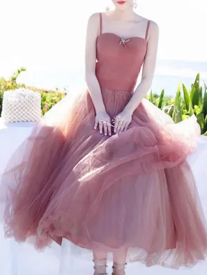 Chic A-line Spaghetti Strap Tea Length Sleeveless Simple Long Tulle Prom Dresses Evening Dress OHC282