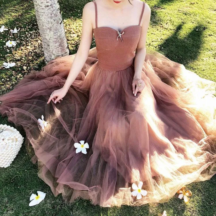 Chic A-line Spaghetti Strap Tea Length Sleeveless Simple Long Tulle Prom Dresses Evening Dress OHC282