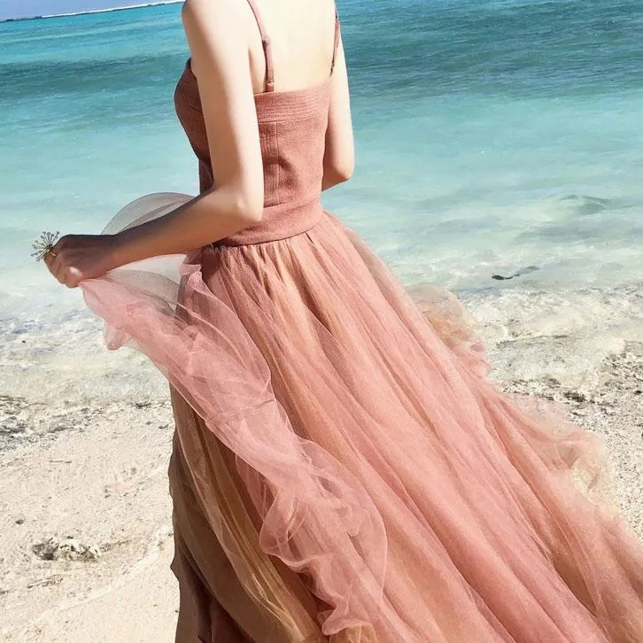 Chic A-line Spaghetti Strap Tea Length Sleeveless Simple Long Tulle Prom Dresses Evening Dress OHC282