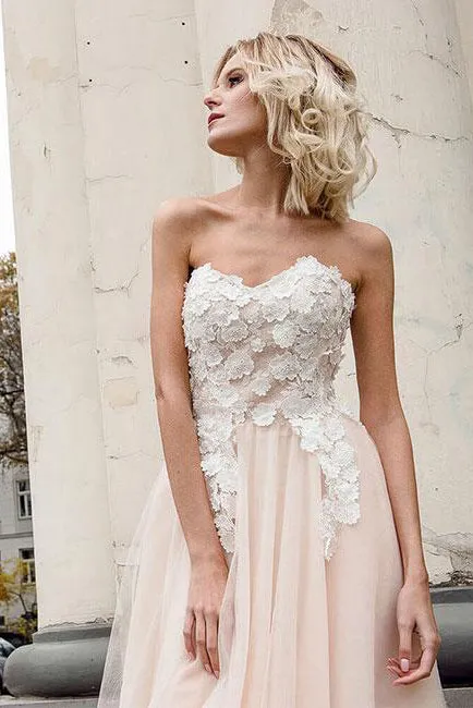 Chic A line Sweetheart Floor Length Sleeveless Flowers Lace Long Tulle Prom Dresses OHC216