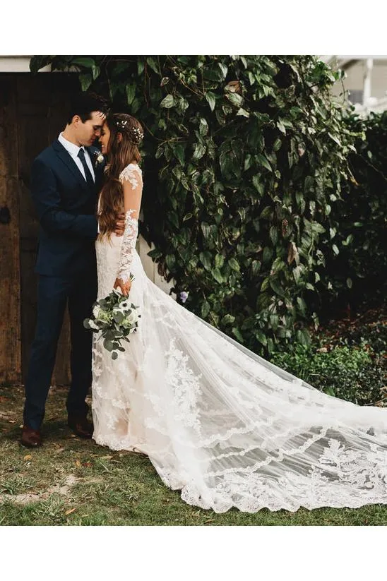 Chic Lace Appliques Mermaid Wedding Dress Long Sleeve Backless Bridal Gown CA042