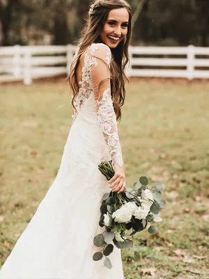 Chic Lace Appliques Mermaid Wedding Dress Long Sleeve Backless Bridal Gown CA042