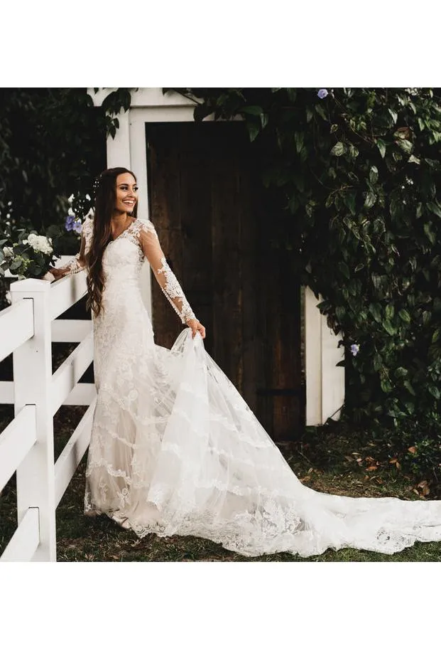 Chic Lace Appliques Mermaid Wedding Dress Long Sleeve Backless Bridal Gown CA042