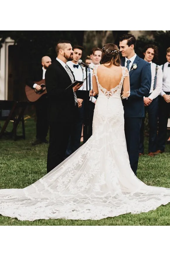 Chic Lace Appliques Mermaid Wedding Dress Long Sleeve Backless Bridal Gown CA042