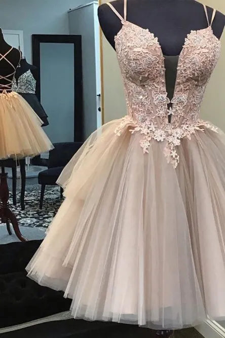 Chic Sleeveless Spaghetti Straps Homecoming Dress with Appliques OHM058