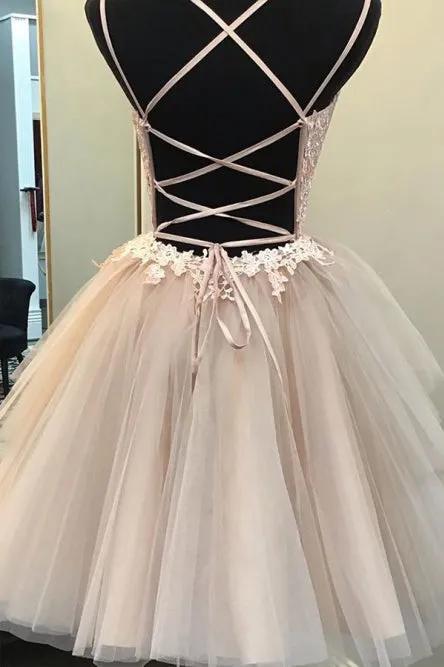 Chic Sleeveless Spaghetti Straps Homecoming Dress with Appliques OHM058