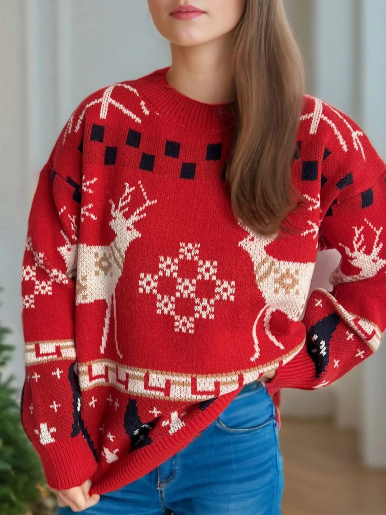 Christmas Element Sweater In Deep Red