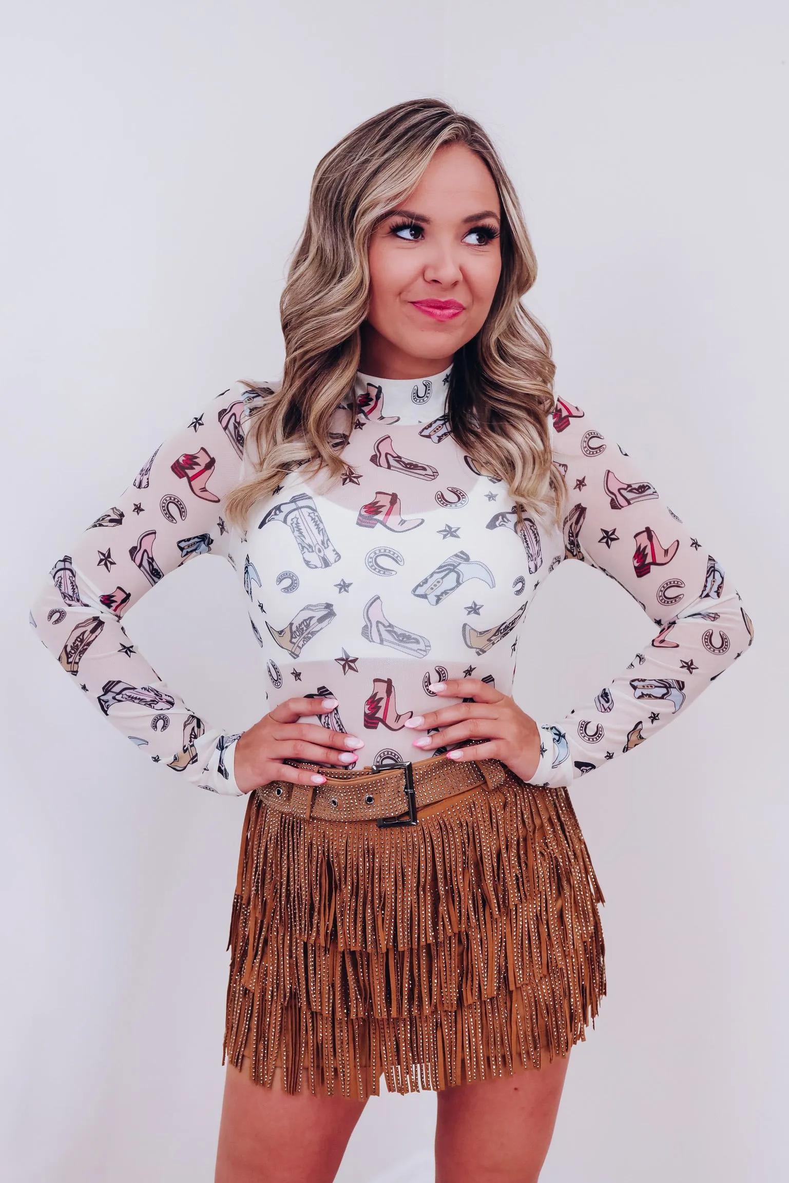 Cowgirl Boot Mesh Bodysuit - Ivory