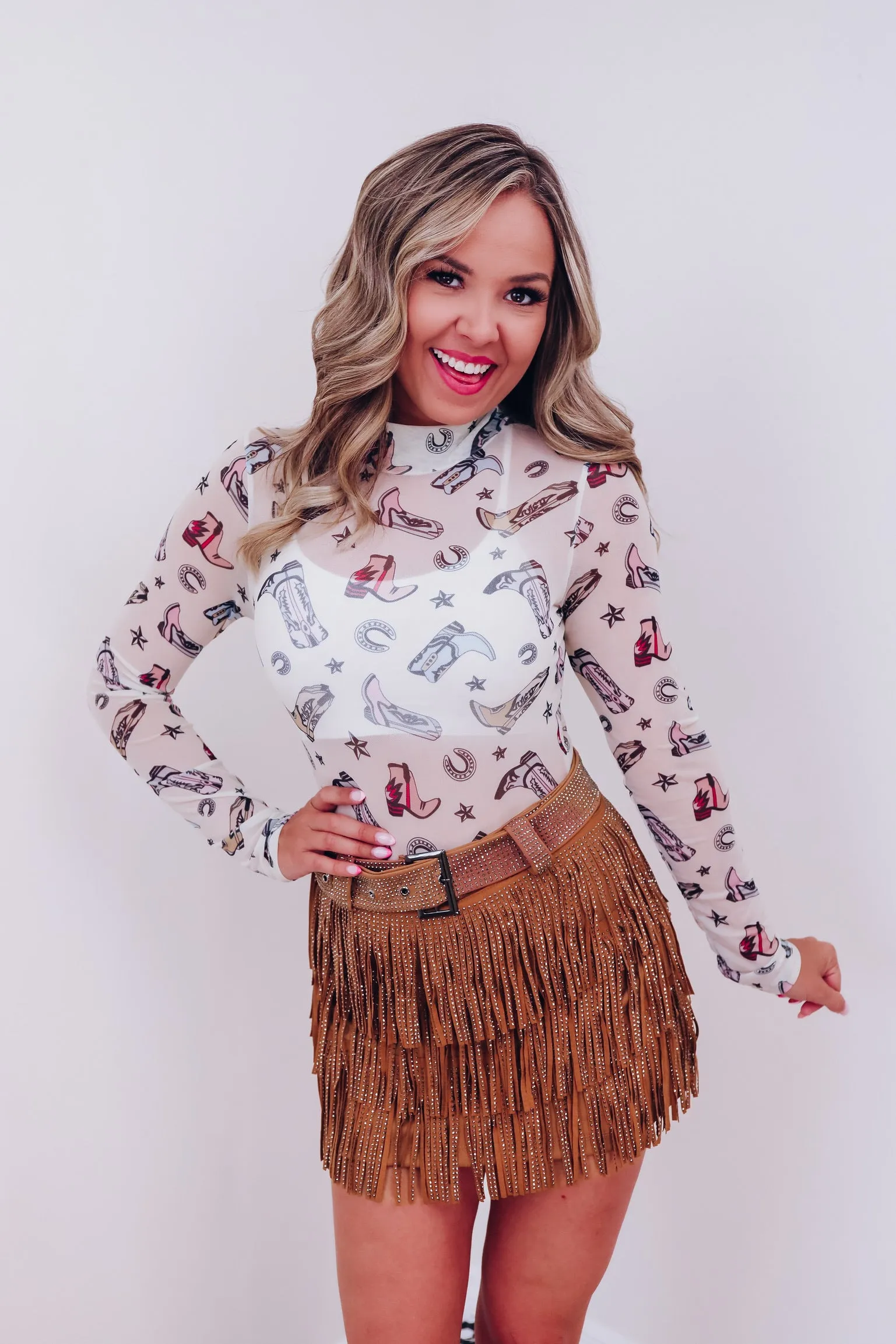Cowgirl Boot Mesh Bodysuit - Ivory