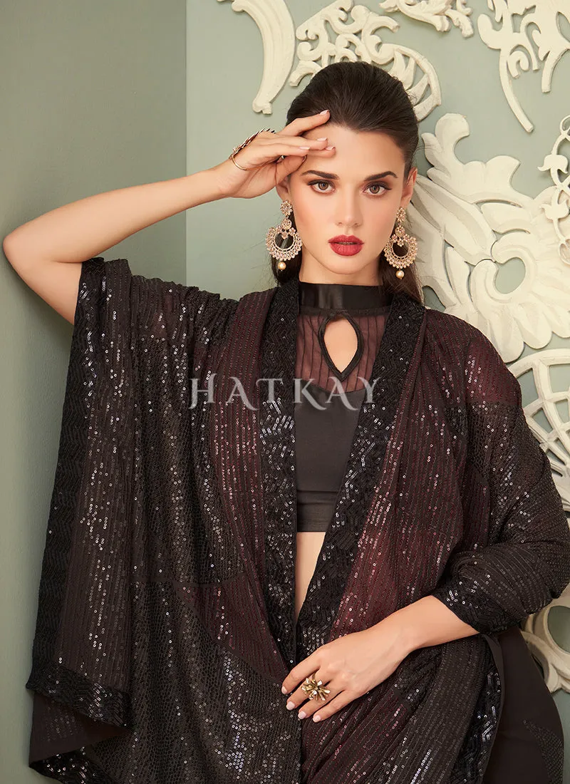 Dark Brown Sequins Embroidery Georgette Saree