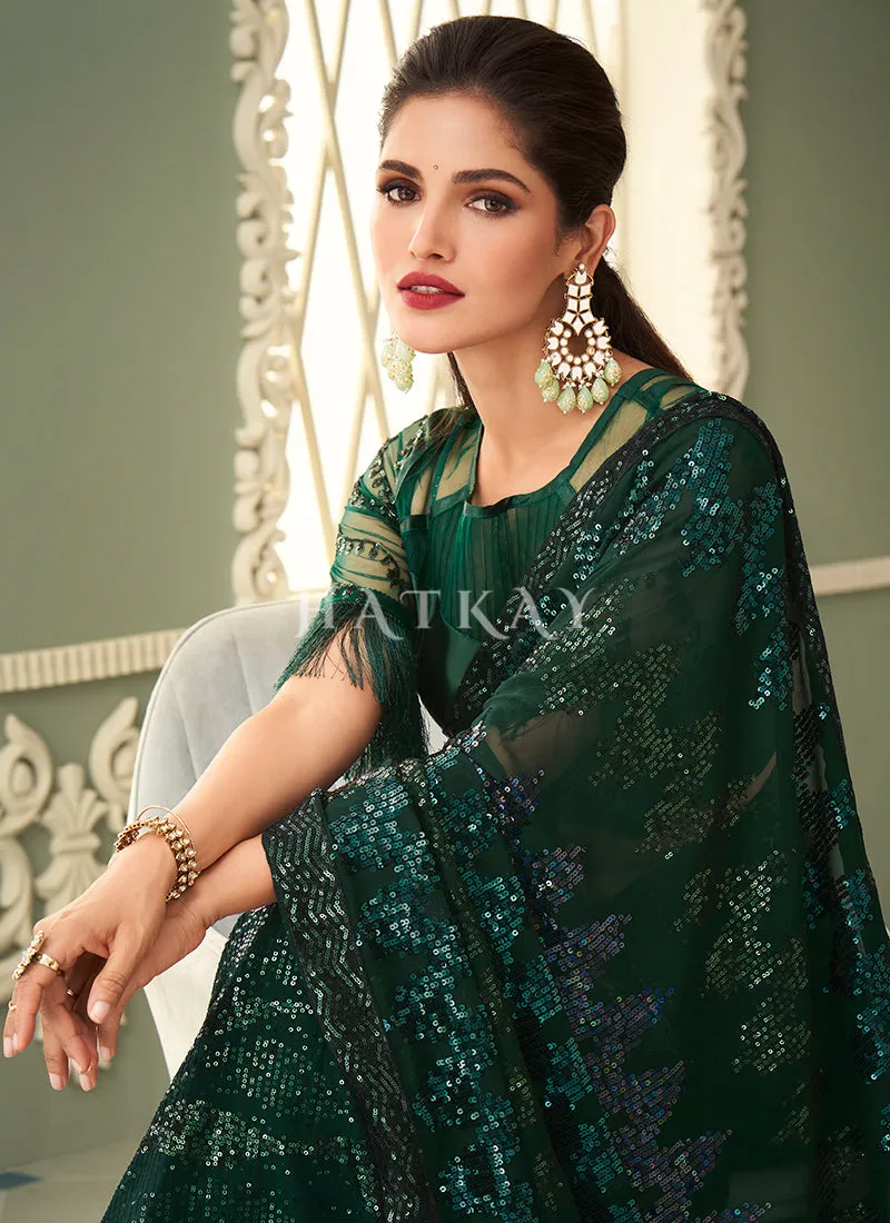 Dark Green Sequins Embroidery Georgette Saree