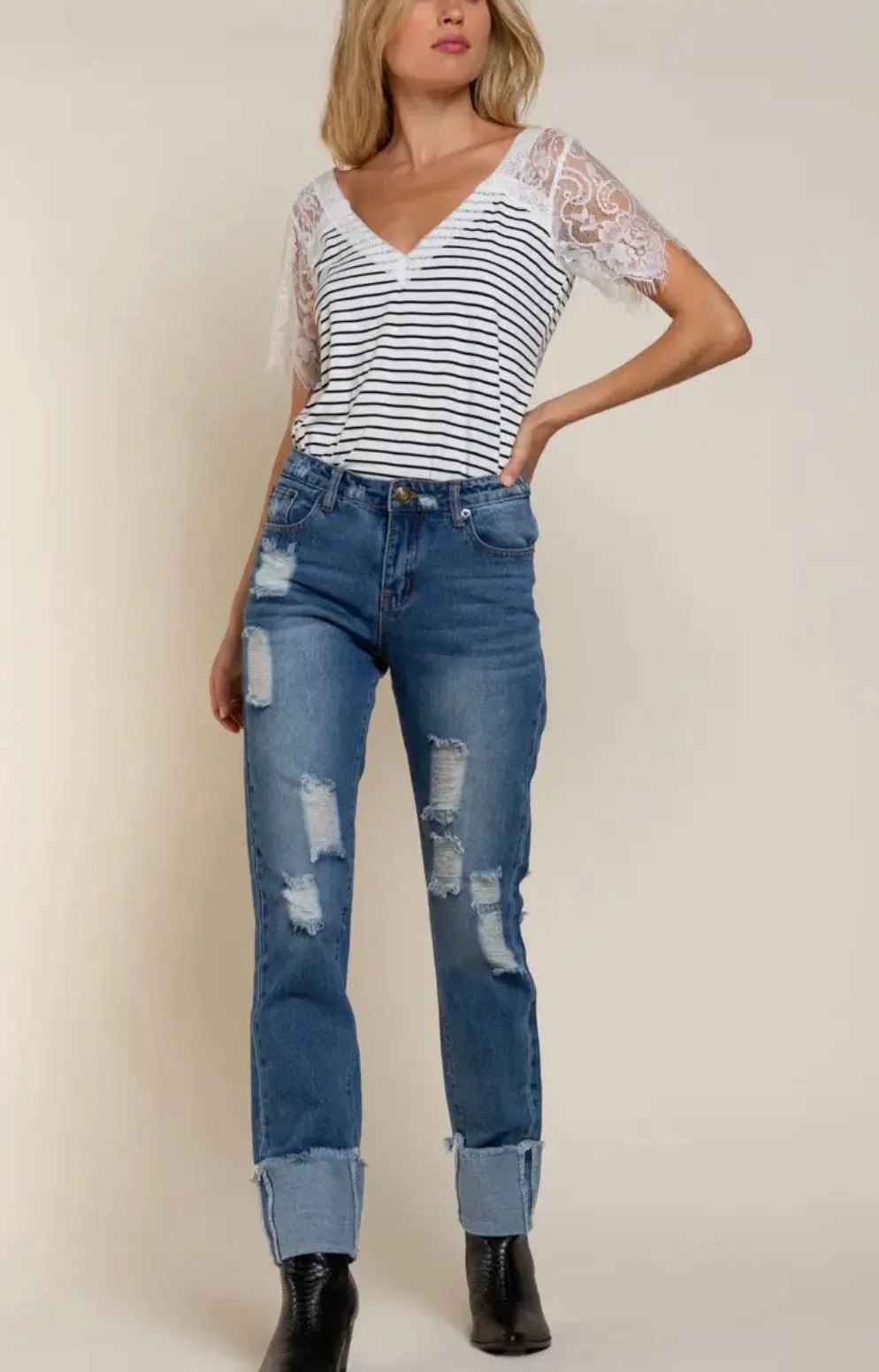 Distressed Cuffed Denim
