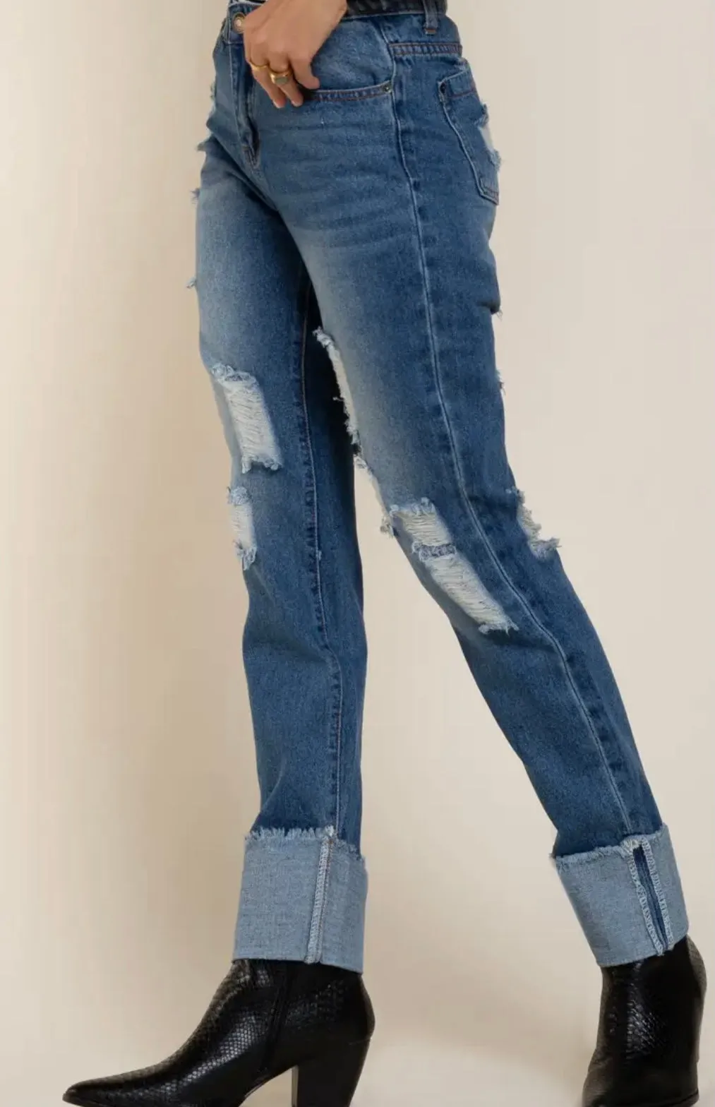 Distressed Cuffed Denim