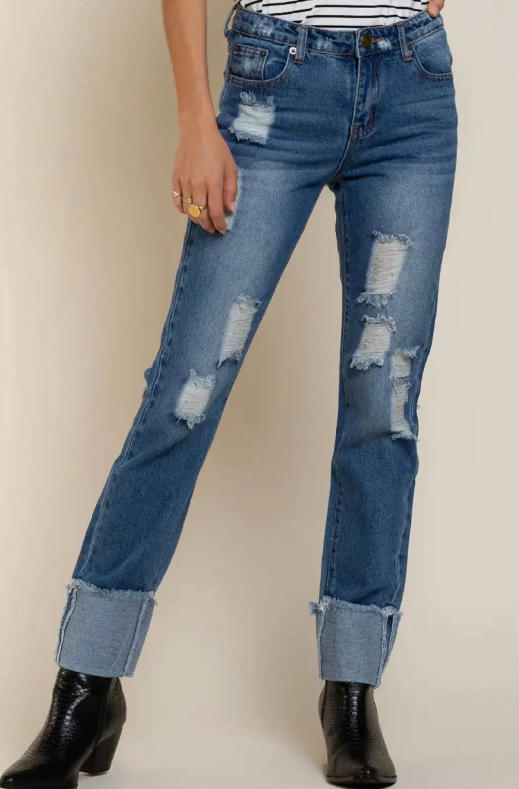 Distressed Cuffed Denim