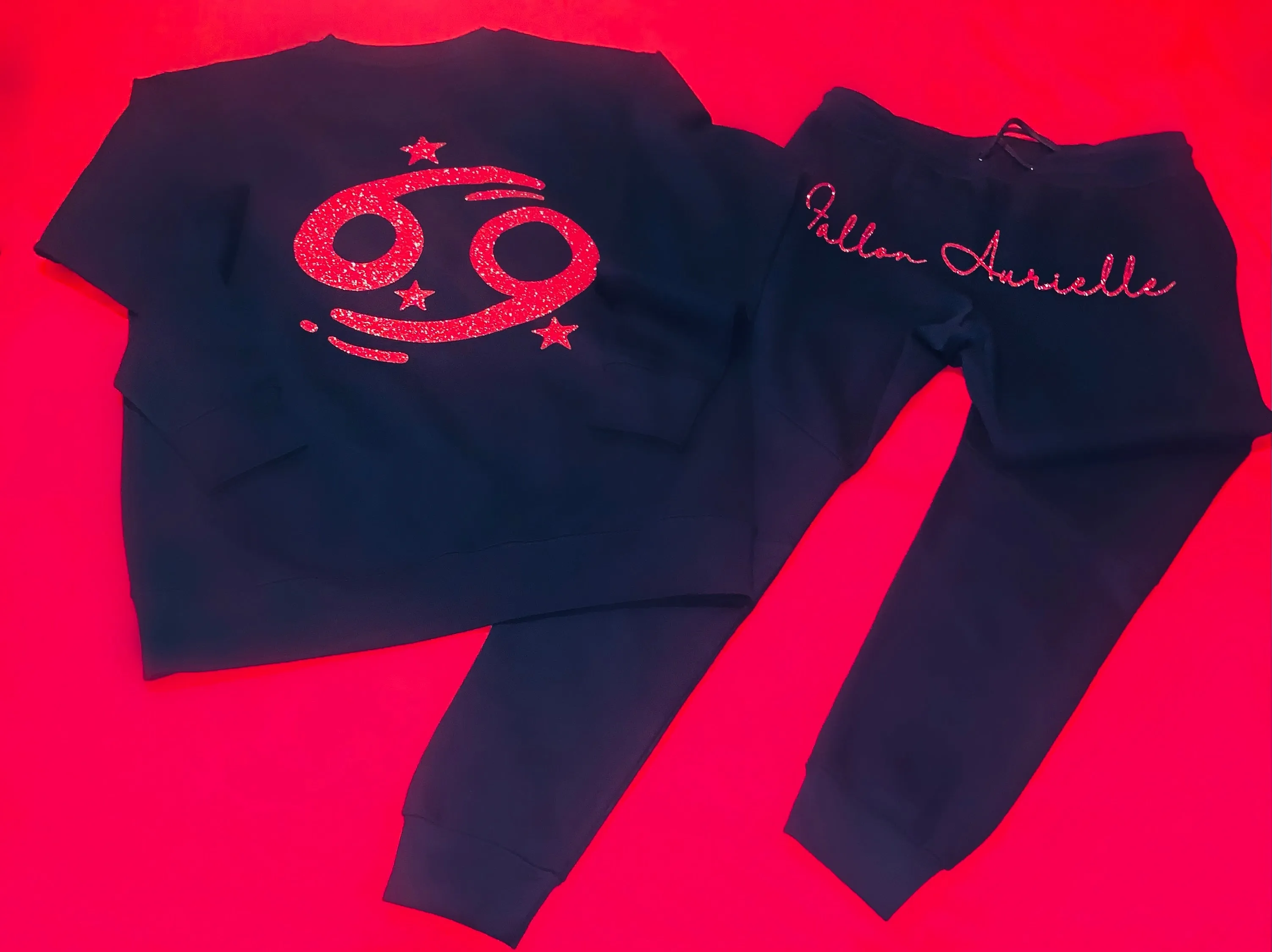 F.A. Unisex Signature Cancer Zodiac Crewneck Sweater (Black & Red Sparkle)