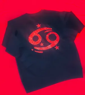 F.A. Unisex Signature Cancer Zodiac Crewneck Sweater (Black & Red Sparkle)