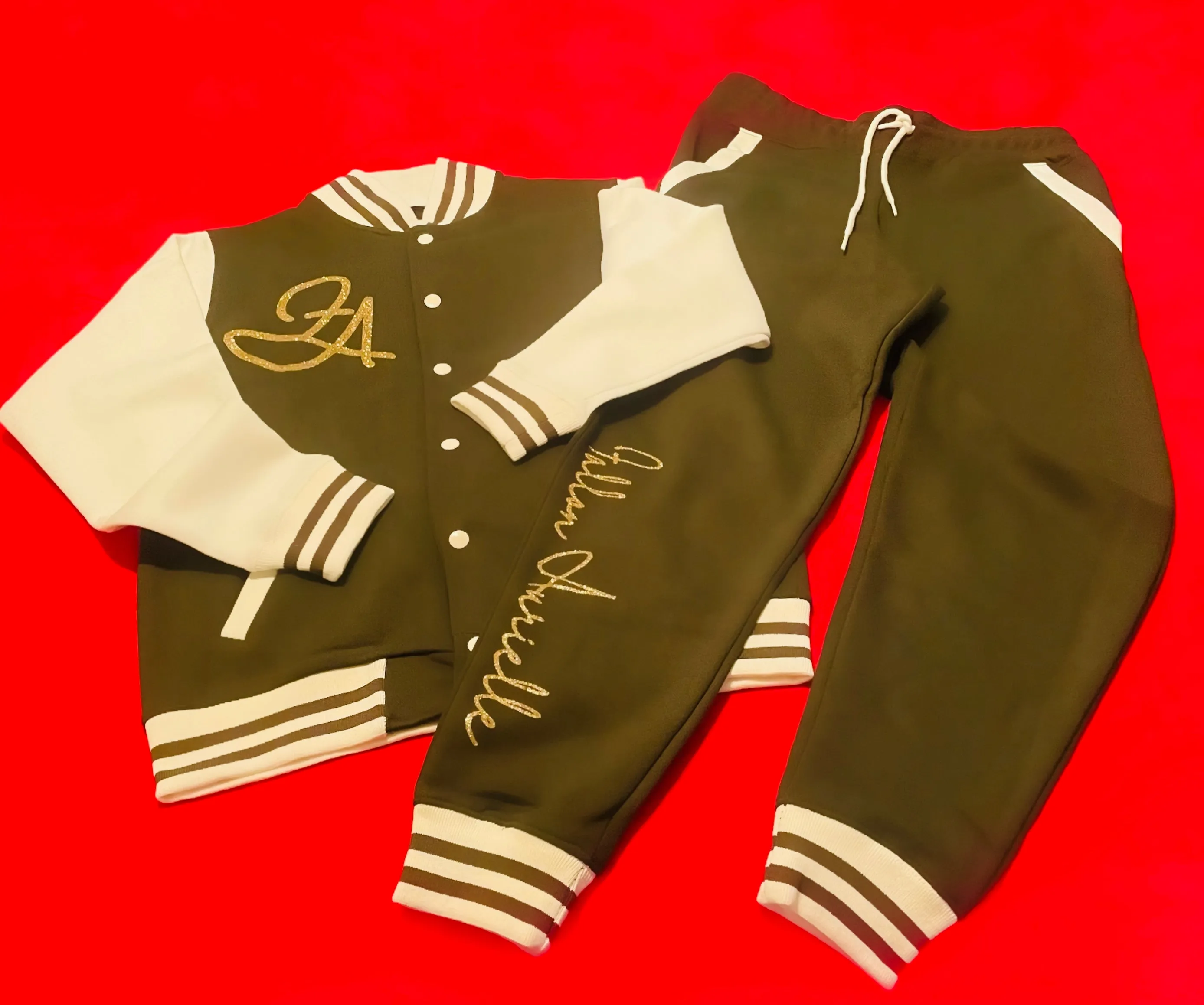Fallon Aurielle Unisex Signature Sagittarius Zodiac Jacket Jogging Set (Olive Green, Gold & Cream)