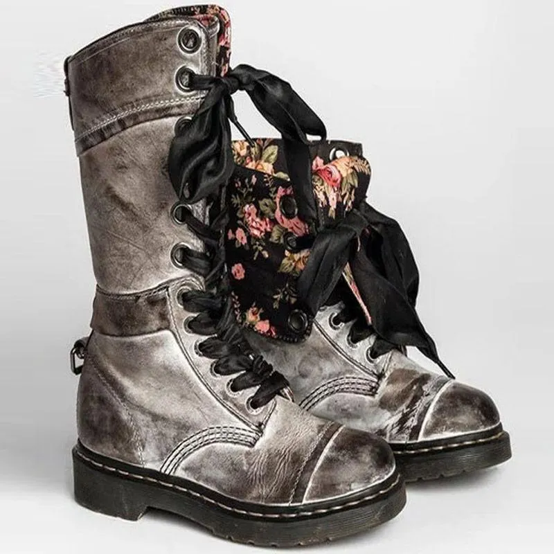 Floral Print Lace-Up PU Leather Martin Boots