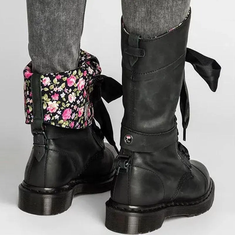Floral Print Lace-Up PU Leather Martin Boots