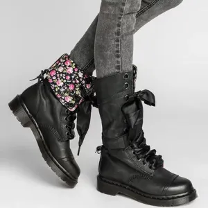 Floral Print Lace-Up PU Leather Martin Boots