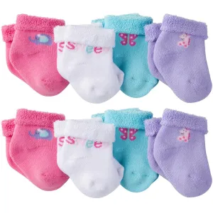 Gerber Newborn Baby Girl Wiggle-Proof Terry Bootie Socks with Stay-On Technology, 8-Pack