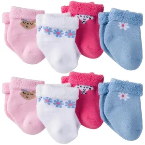 Gerber Newborn Baby Girl Wiggle-Proof Terry Bootie Socks with Stay-On Technology, 8-Pack