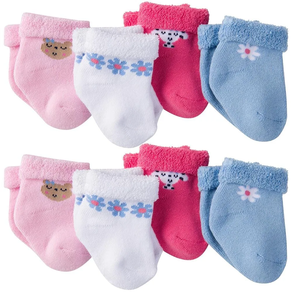 Gerber Newborn Baby Girl Wiggle-Proof Terry Bootie Socks with Stay-On Technology, 8-Pack