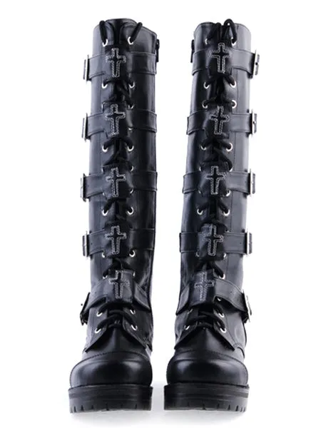 Gothic Black Lolita Boots Square Heels Platform Shoelace Straps Buckles